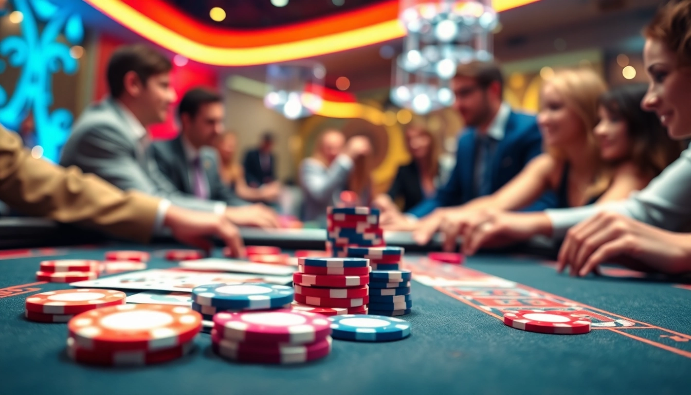 Vibrant gaming table at a casino en ligne with players engaged, showcasing excitement.