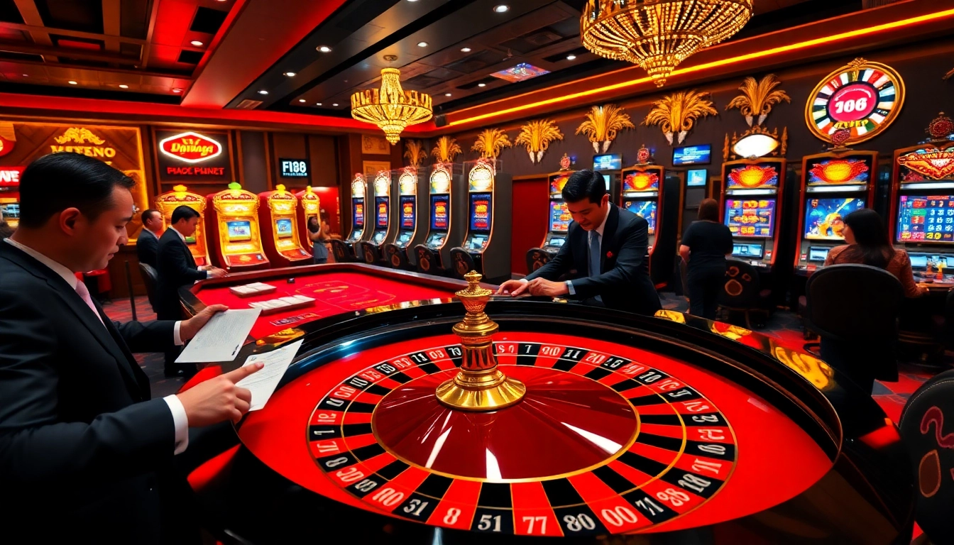 Players enjoying roulette and slot machines at a luxurious casino, emphasizing mv88 vibes.