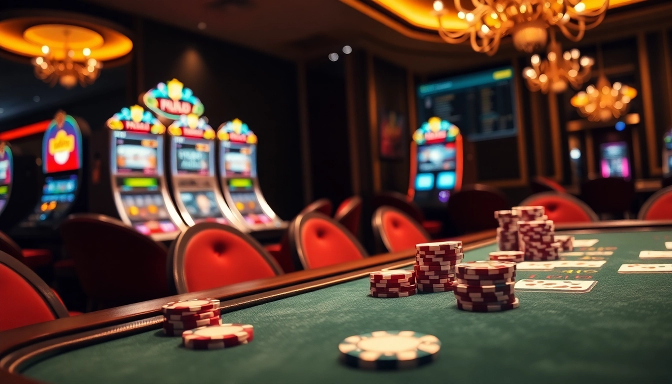 Engage in thrilling casino crypto gameplay with vibrant slot machines and sophisticated poker setup.