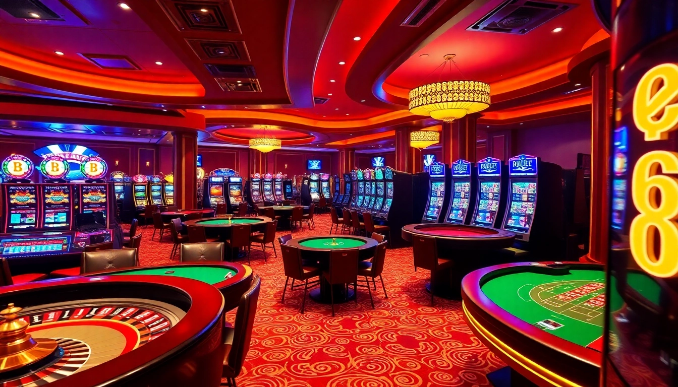 Gambling excitement at a Bitcoin casino with vibrant tables and slot machines.