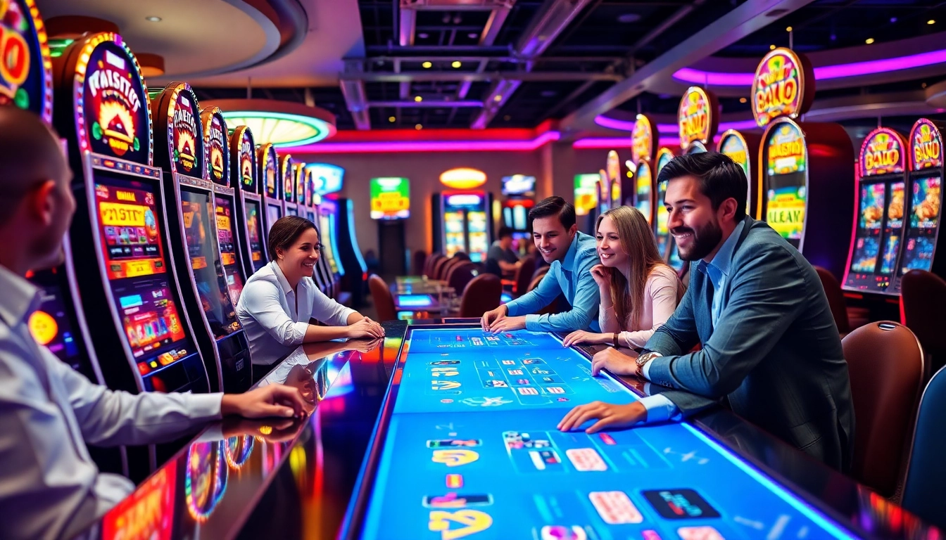 Joueurs captivés dans un casino en ligne fiable, entourés de machines à sous brillantes.