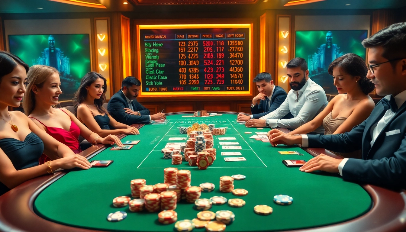 Engaging casino crypto players at a luxurious table with vibrant poker chips and cards.