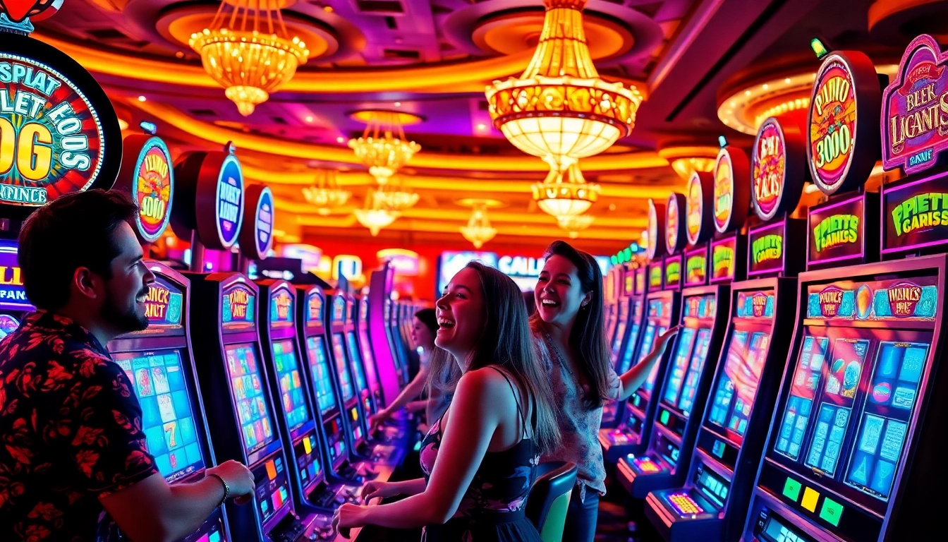 Profitez des machines à sous casino en ligne avec des joueurs divers dans un casino animé.