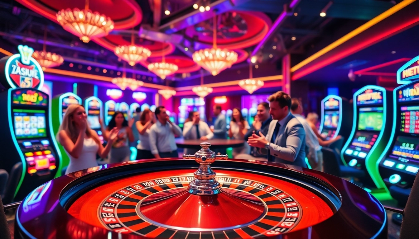 Expérience immersive dans un casino en ligne, ambiance dynamique et festive.