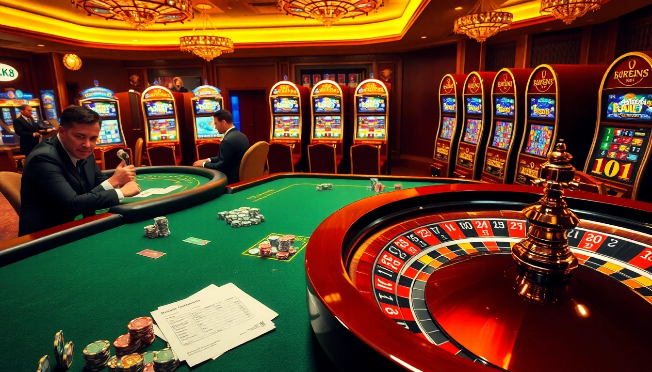 Exciting gambling action scene featuring poker tables and roulette at LUCK8 COM casino.