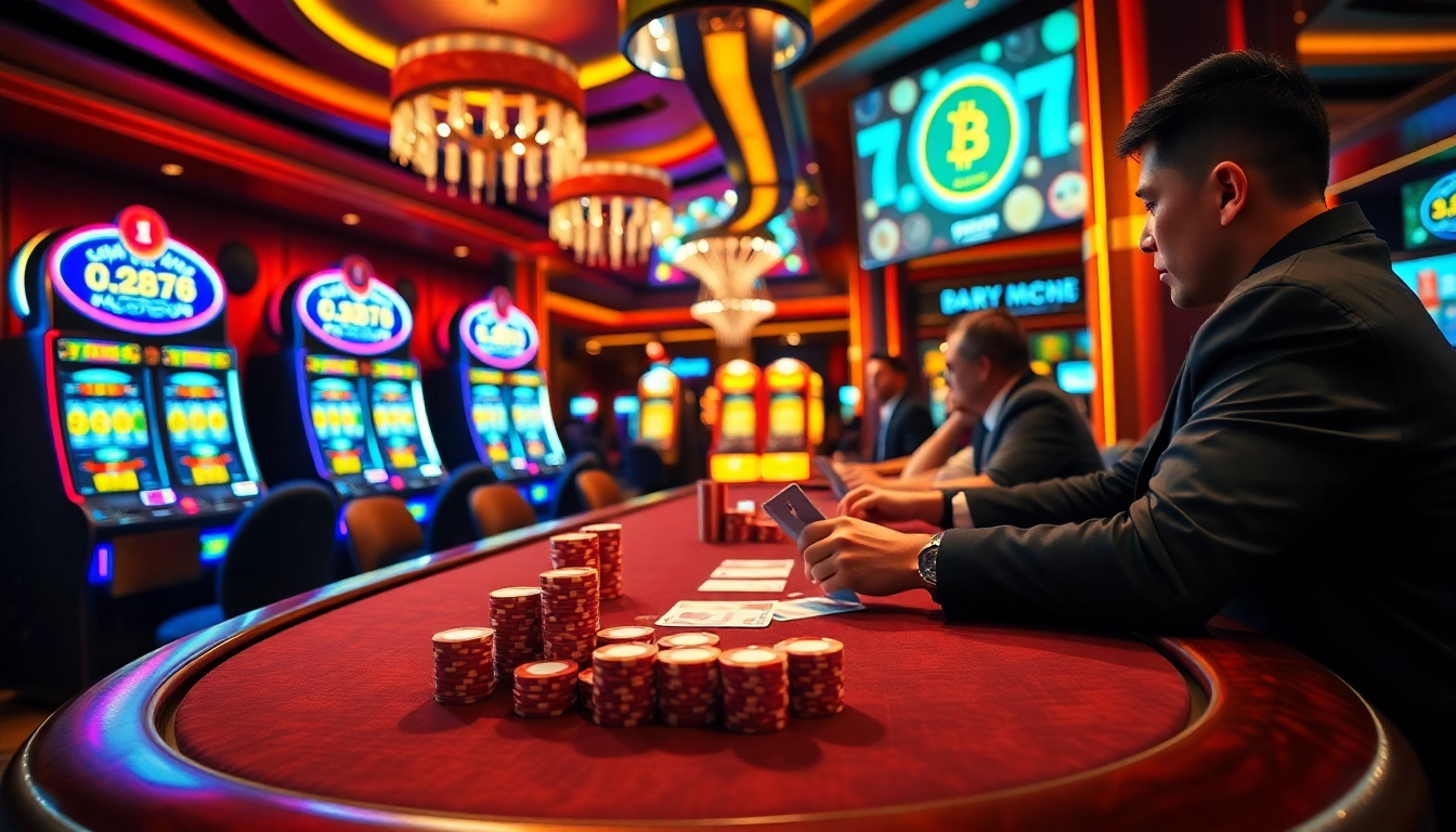 Engaging poker scene at a casino crypto gaming table with professional players and bright lights.