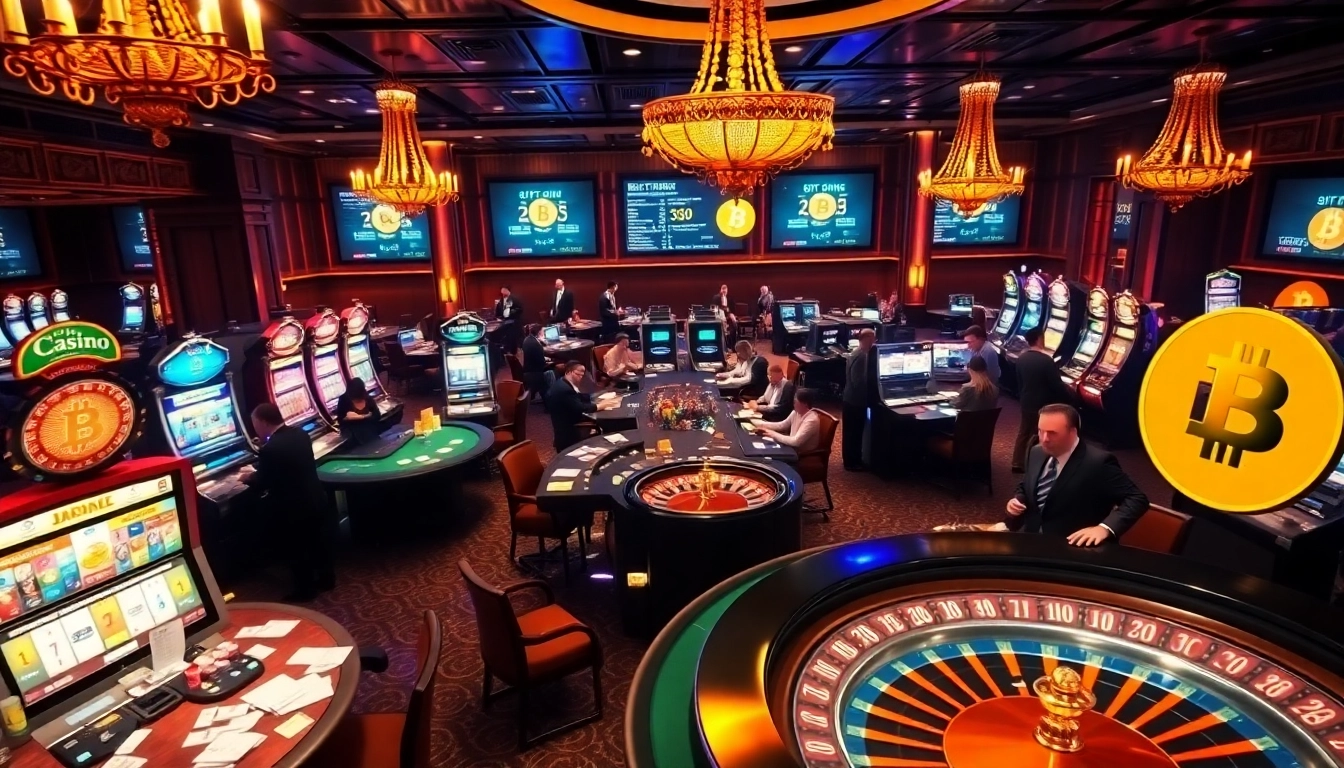 Experience the excitement of a Bitcoin casino with poker tables and vibrant slot machines.