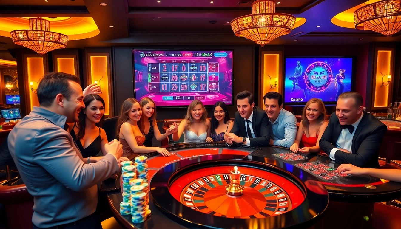 Exciting casino en ligne experience with players enjoying high-stakes games and vibrant roulette wheels.