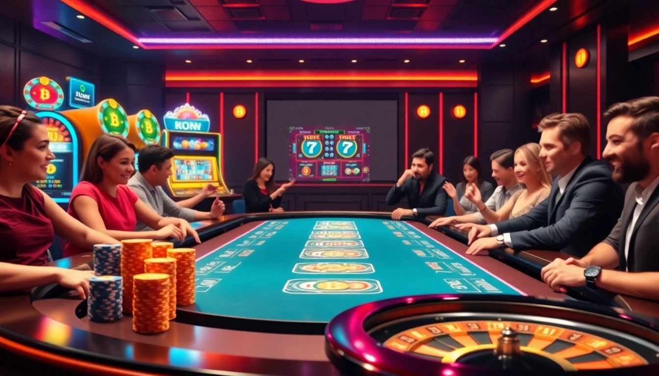 A vibrant Bitcoin casino scene featuring excited players at poker tables, colorful chips, and modern slot machines.