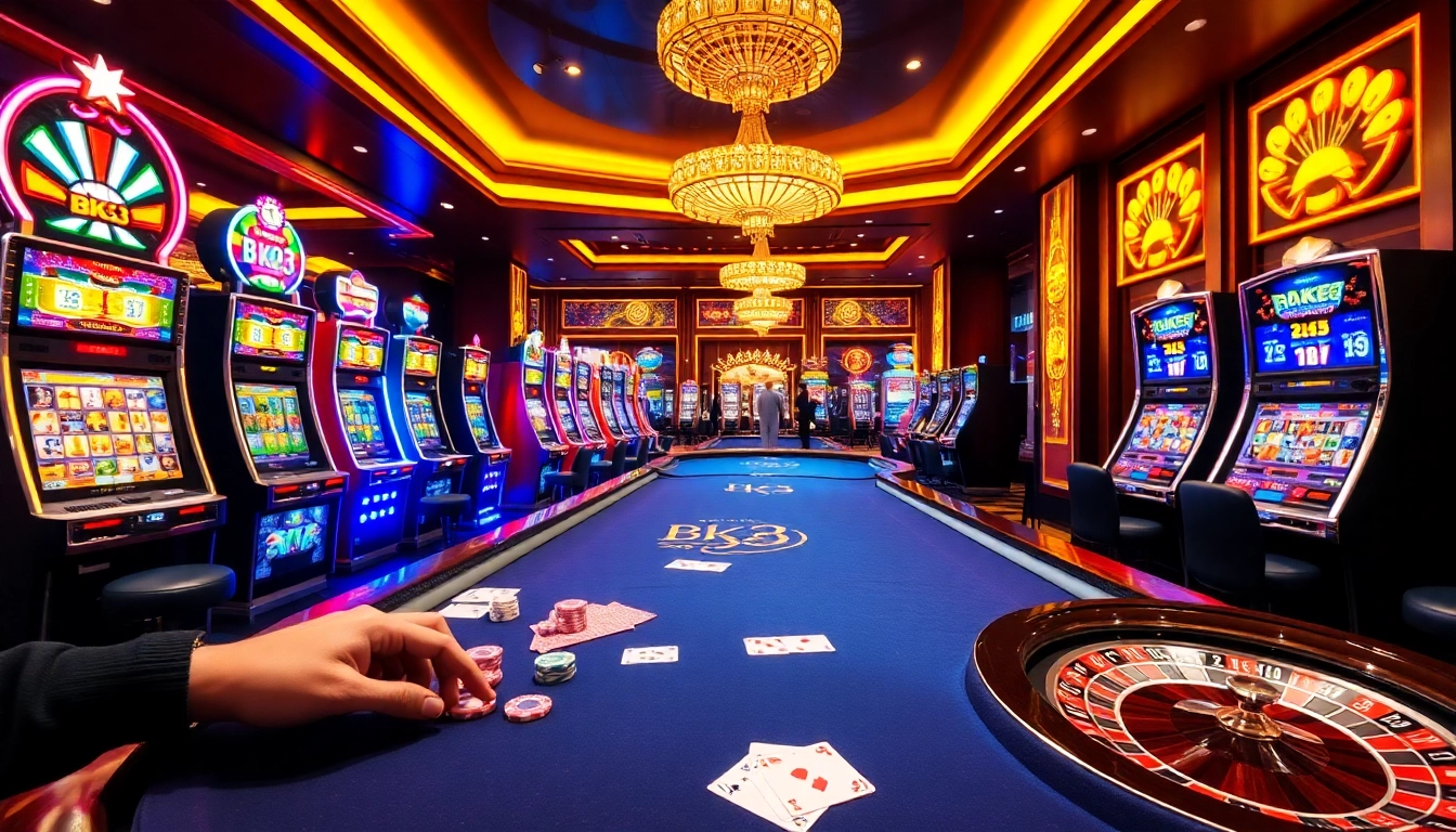 Experience exhilarating gaming action at the Bk33 club casino with vibrant tables and slot machines.