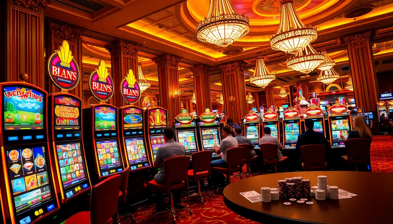 Experience the thrill of slot machines illuminating the casino scene with vibrant excitement.