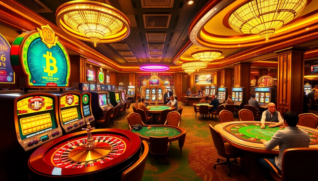 Experience the thrill of a Bitcoin casino with vibrant games and engaging players in a lively setting.