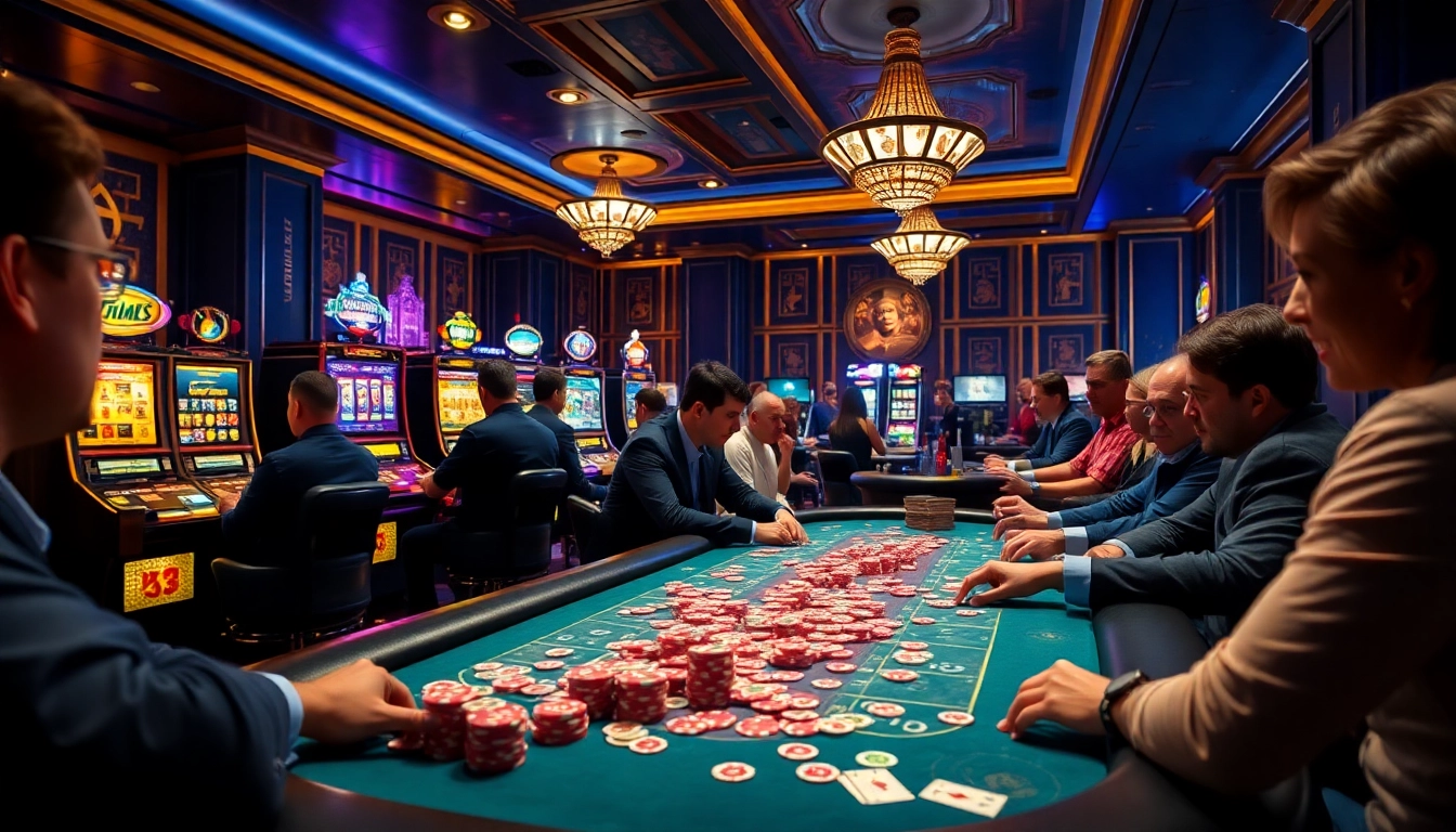 Engaged players at the Bk33 club poker table in a vibrant casino scene.