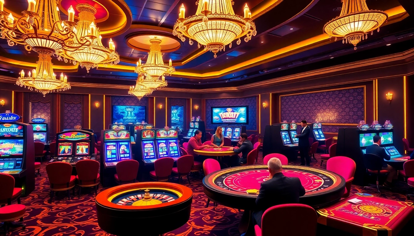Experience the thrill of Slot777 games in a vibrant casino setting with luxurious slot machines and elegant tables.