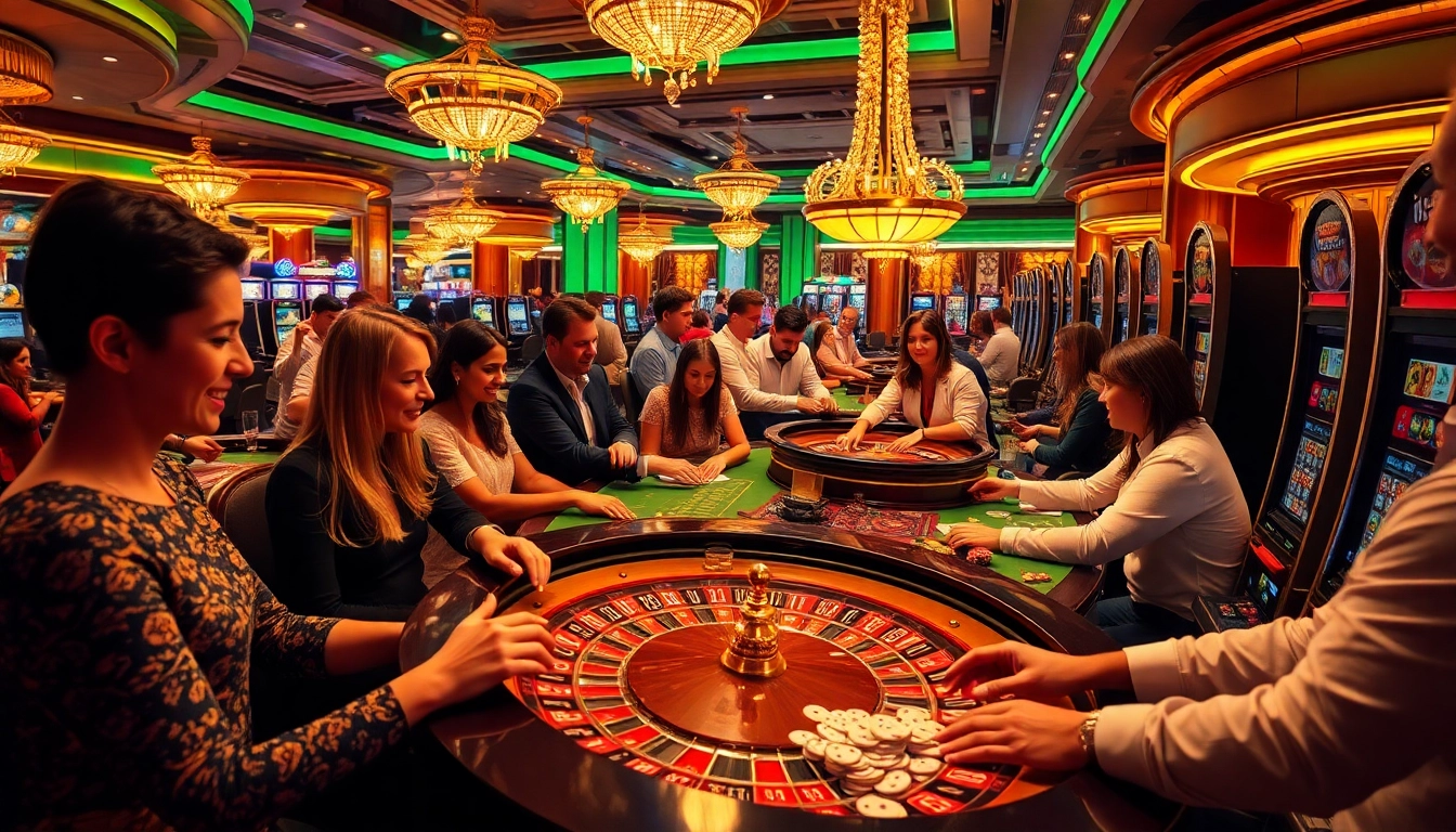 Des joueurs engagés profitant du poker et des machines à sous dans un casino en ligne français, montrant excitation et luxe.
