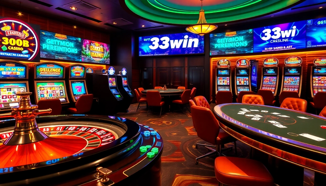 33win casino scene featuring slot machines, poker tables, and vibrant gaming promotions