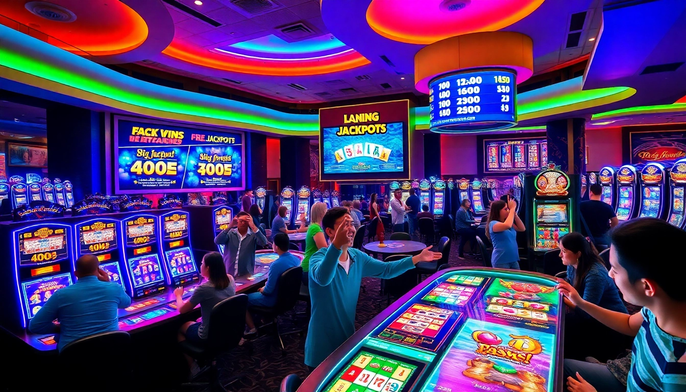 Jouer à casino en ligne avec ambiance festive et joueurs enthousiastes autour des tables related image