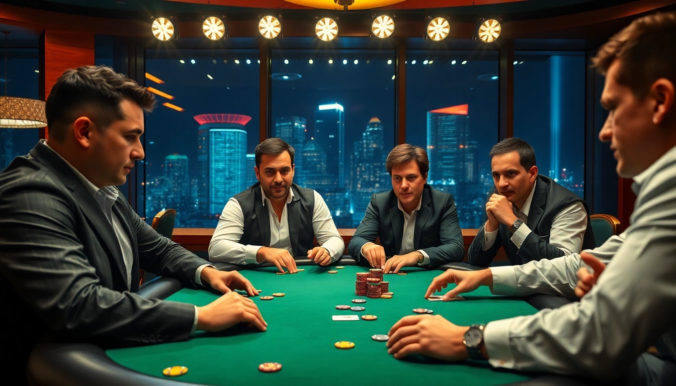 Jouer au poker en ligne avec des joueurs concentrés autour d'une table de casino.