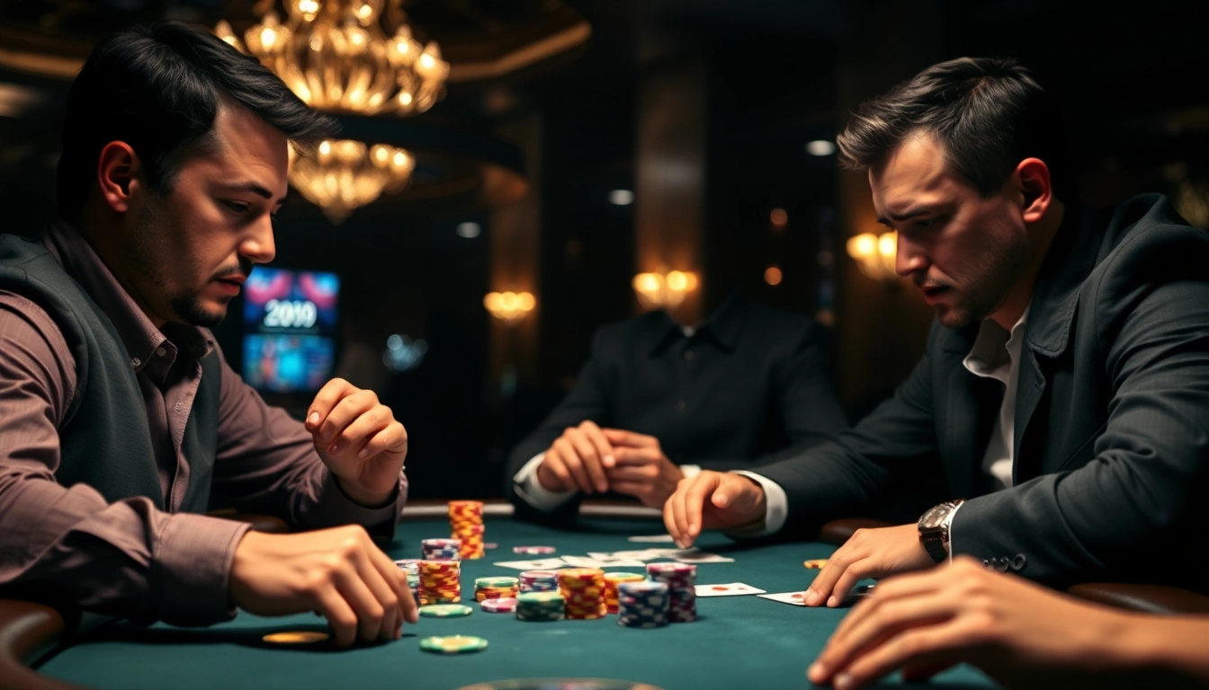 Jouer au poker en ligne sur une table de casino avec des joueurs concentrés related image