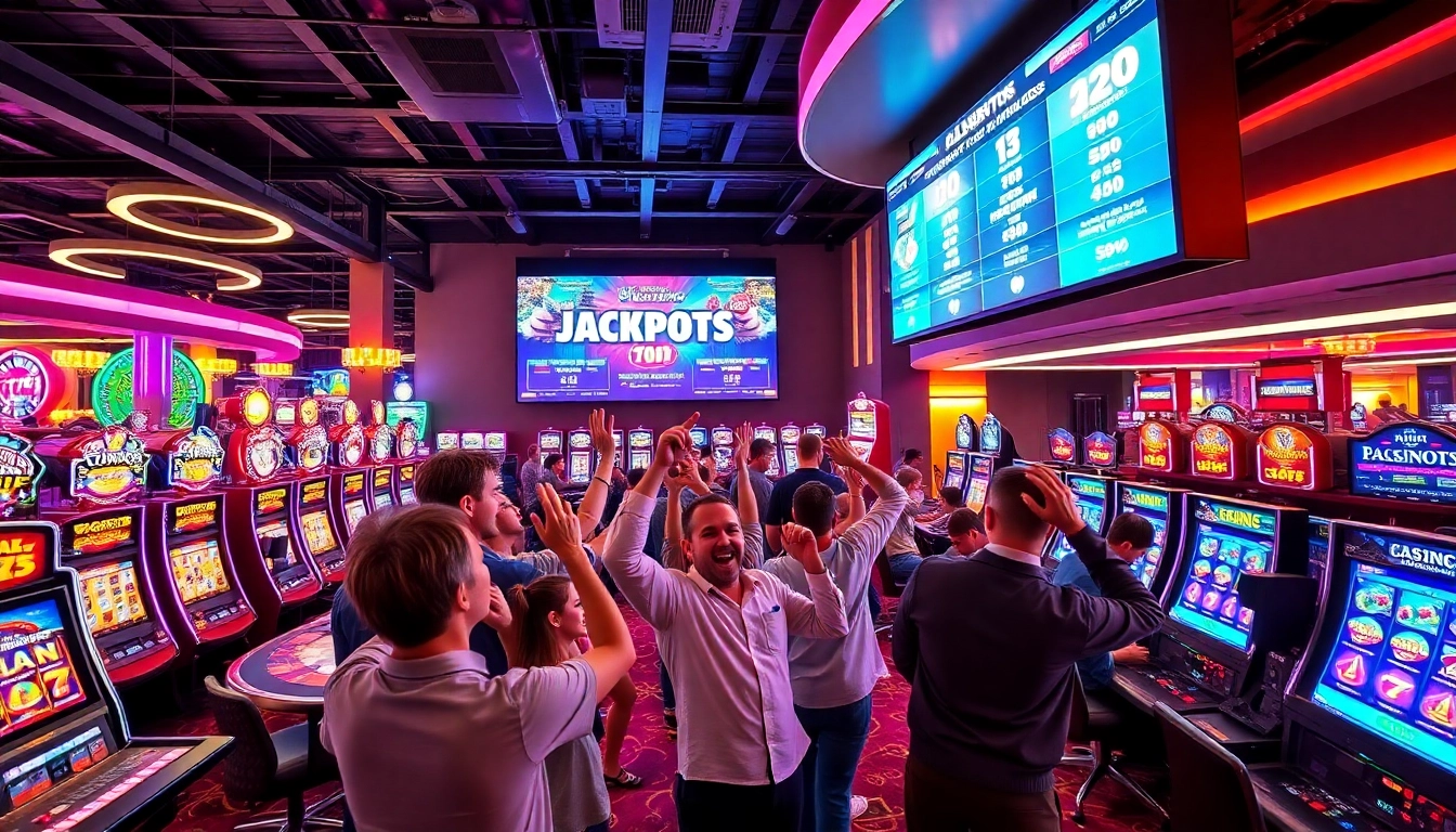 Jouer à casino en ligne avec ambiance festive et joueurs enthousiastes autour des tables