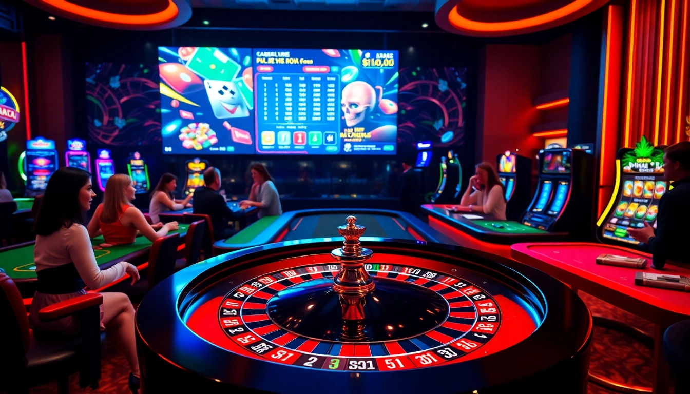 Joueurs enthousiastes s'amusant au casino en ligne avec des jeux de roulette et de poker.