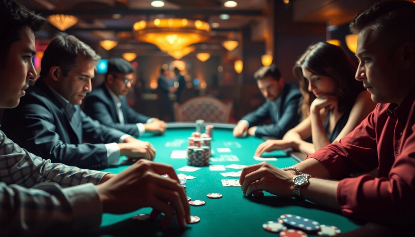Jouer au poker en ligne sur une table de casino avec des joueurs concentrés