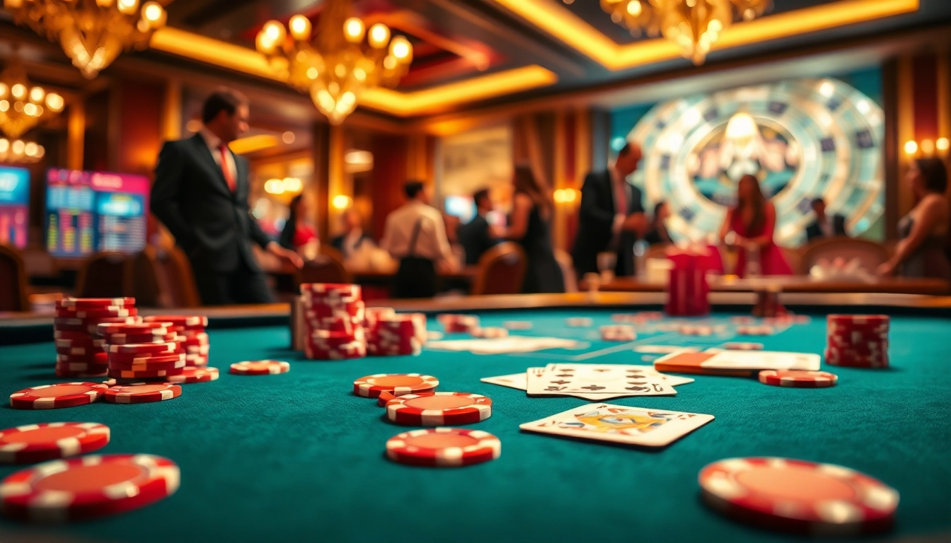 Jouer au casino en ligne avec des cartes colorées et des jetons scintillants sur une table élégante. related image