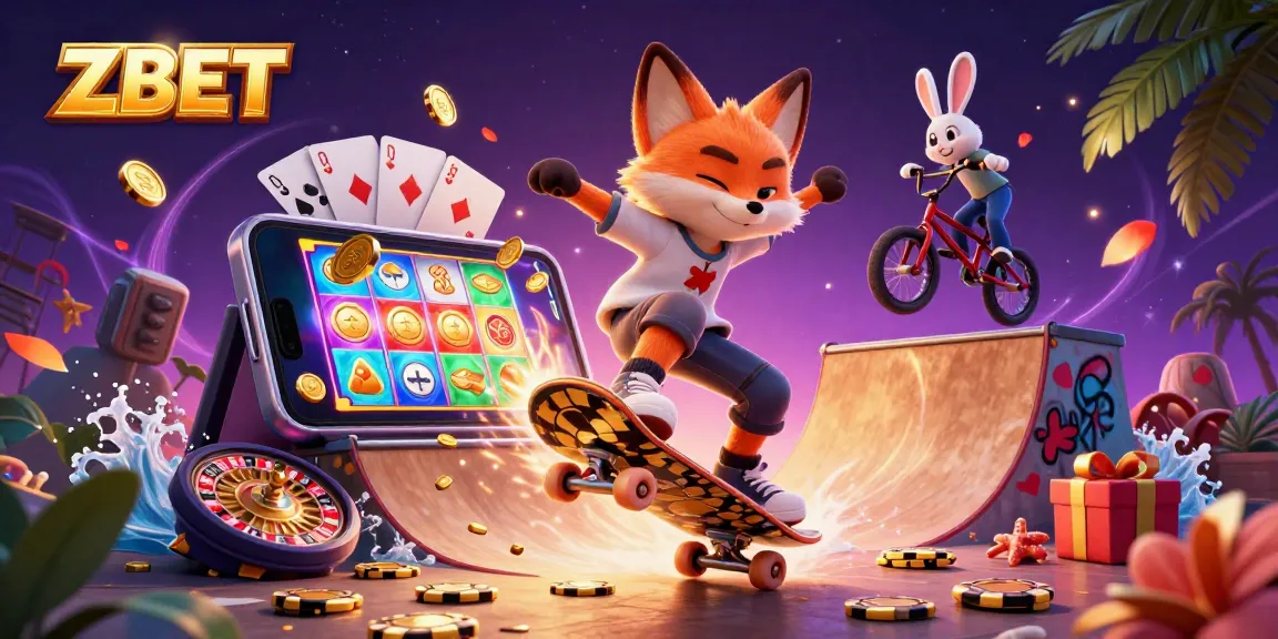 ZBET captivates with a vibrant scene of winning slot games bursting from a smartphone amidst cartoon characters.