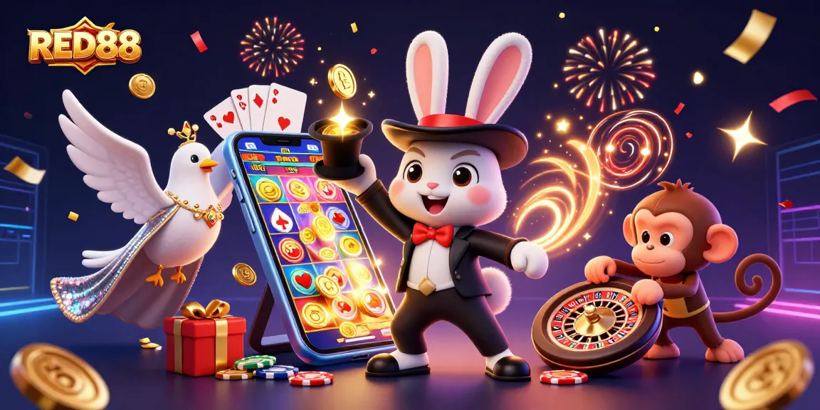 Win big with RED88 while the magician rabbit conjures coins in an exciting casino scene!