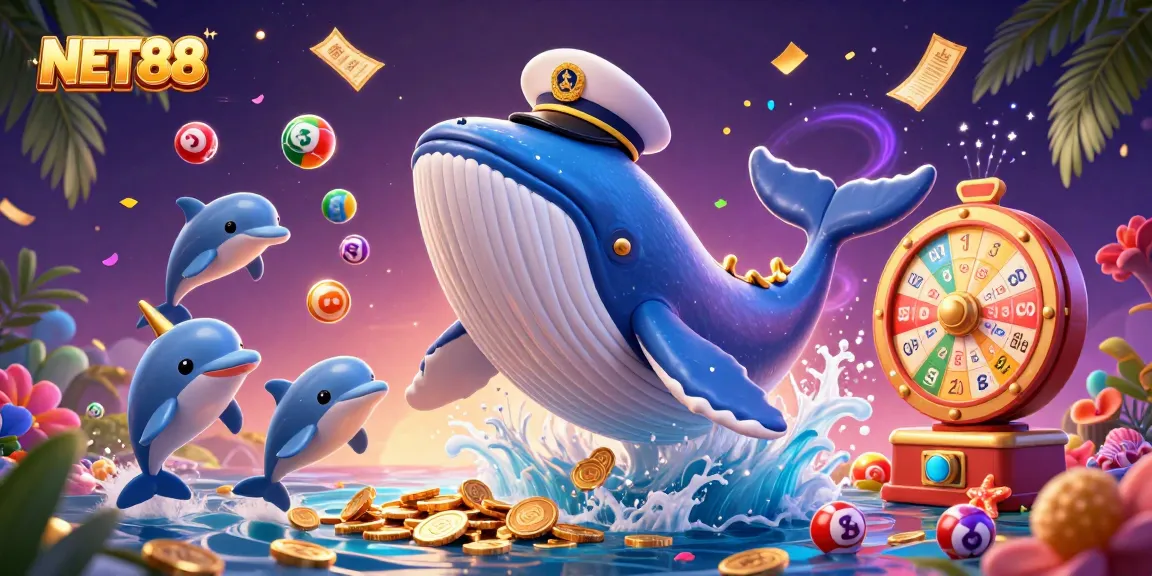 NET88 captivates with a lively scene of playful dolphins and a captain whale amidst colorful lottery elements.