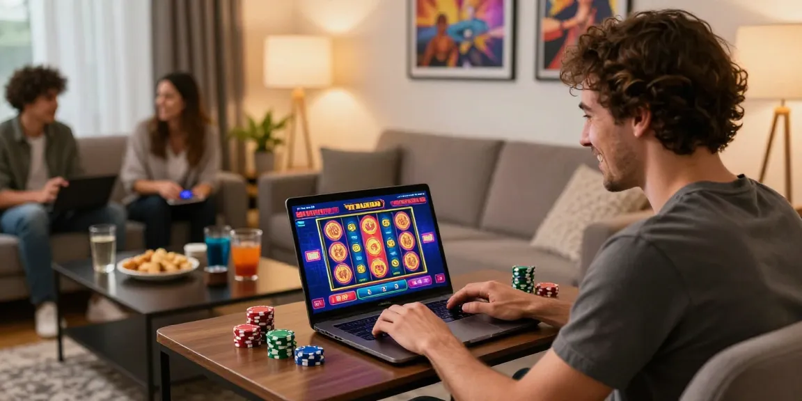 Joueur heureux explorant des jeux de casino en ligne dans un cadre chaleureux, ambiance ludique et dynamique.