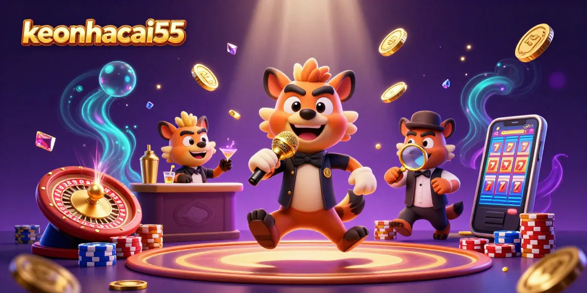 Engage with keonhacai55 in a vibrant casino scene featuring hyenas running a comedy club with games.