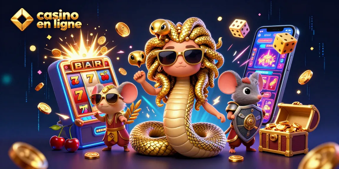 Jouer à des machines à sous dans un casino en ligne avec Médusa et un guerrier souris en arrière-plan.