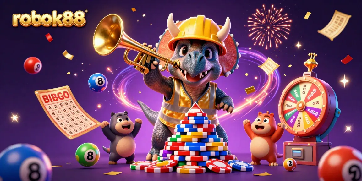 Experience the excitement at rokok88, where a triceratops builds a poker chip pyramid amidst a colorful casino celebration.
