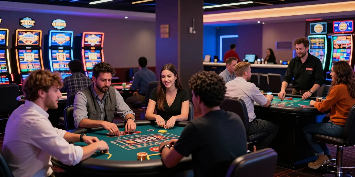 Scène de casino en ligne avec des joueurs engagés dans des machines à sous et des jeux de table, ambiance dynamique du casino en ligne