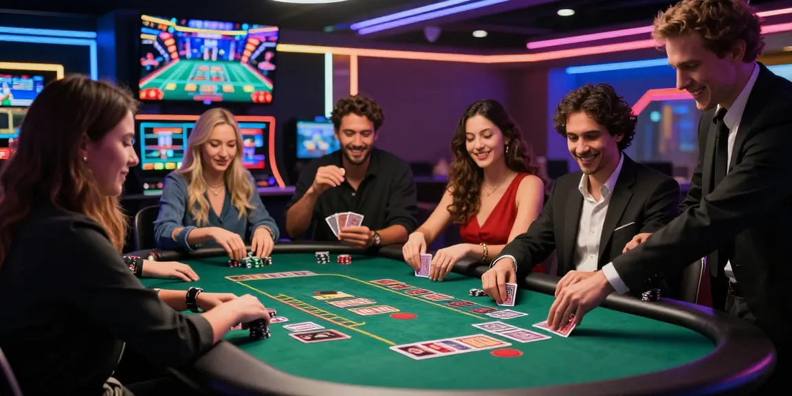 Scène animée de casino en ligne avec des amis jouant à des jeux de casino, illustrant l'excitation des jeux en direct au casino en ligne.