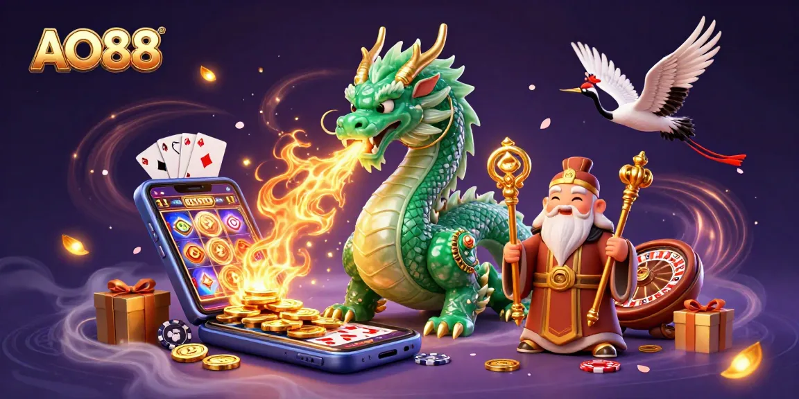 Engage with AO88's vibrant gaming world, featuring a jade dragon and lucky symbols