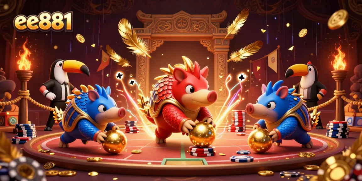 Engage in thrilling action at ee881 with rival pangolins bowling through poker chips amidst a vibrant casino atmosphere.