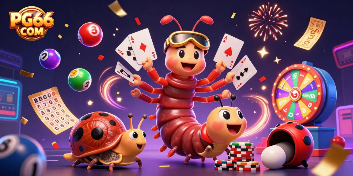Experience the excitement of online gaming at PG66 COM with vibrant elements and characters celebrating winnings.