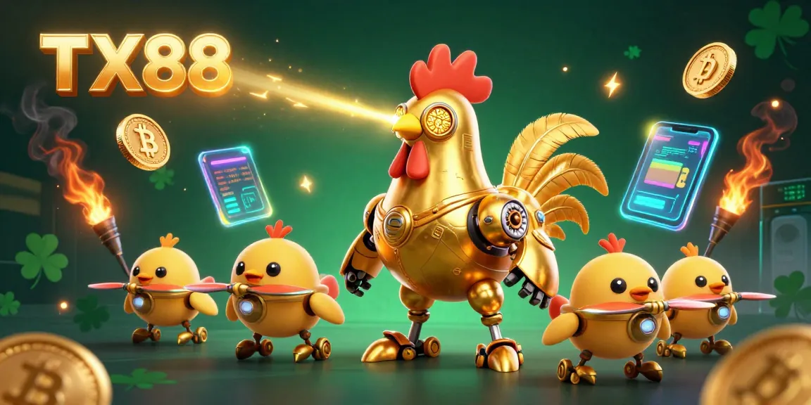 TX88 promotional artwork showing a golden rooster robot with crypto elements for casino entertainment.