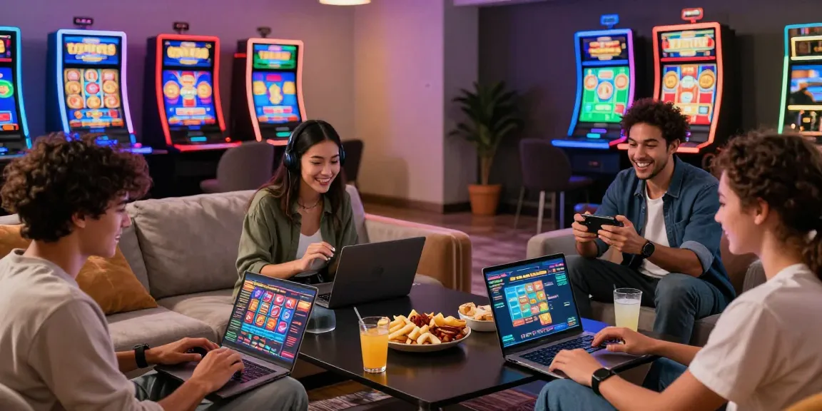 Scène de casino en ligne avec des amis s'amusant ensemble en jouant à des jeux de casino en ligne.