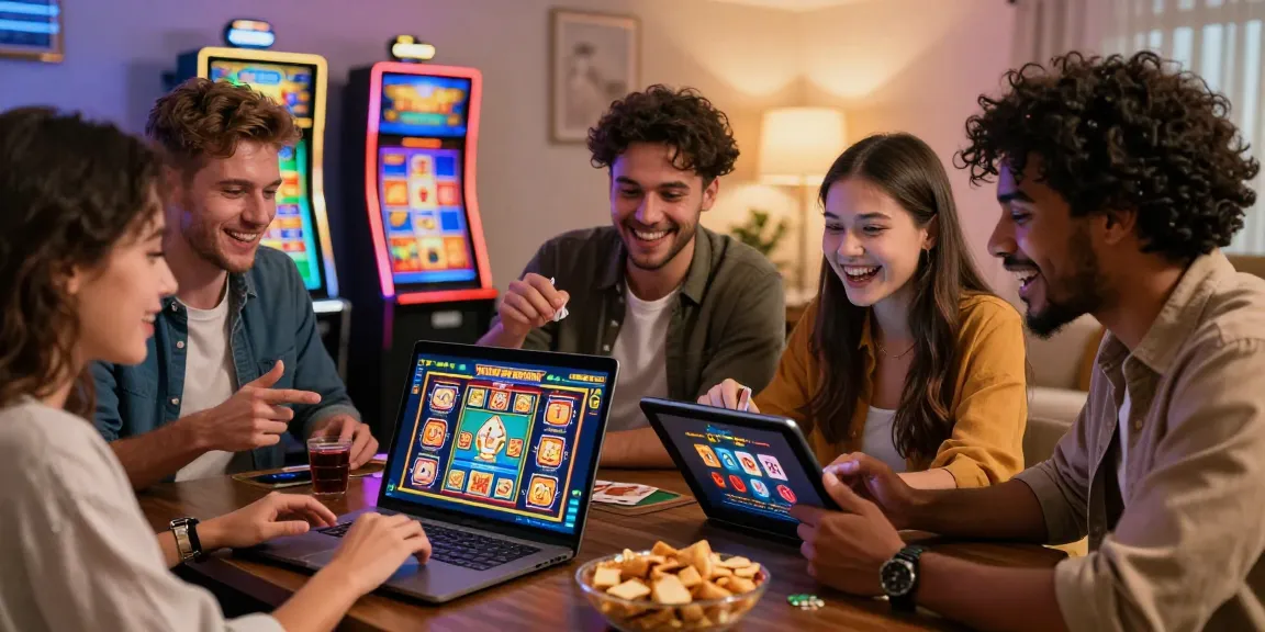Groupe d’amis jouant à des jeux de casino en ligne, ambiance conviviale et excitante.