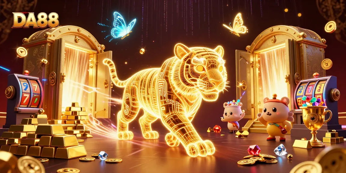 Experience the excitement of DA88 with a vibrant casino scene, highlighting dazzling slot reels and a golden tiger.
