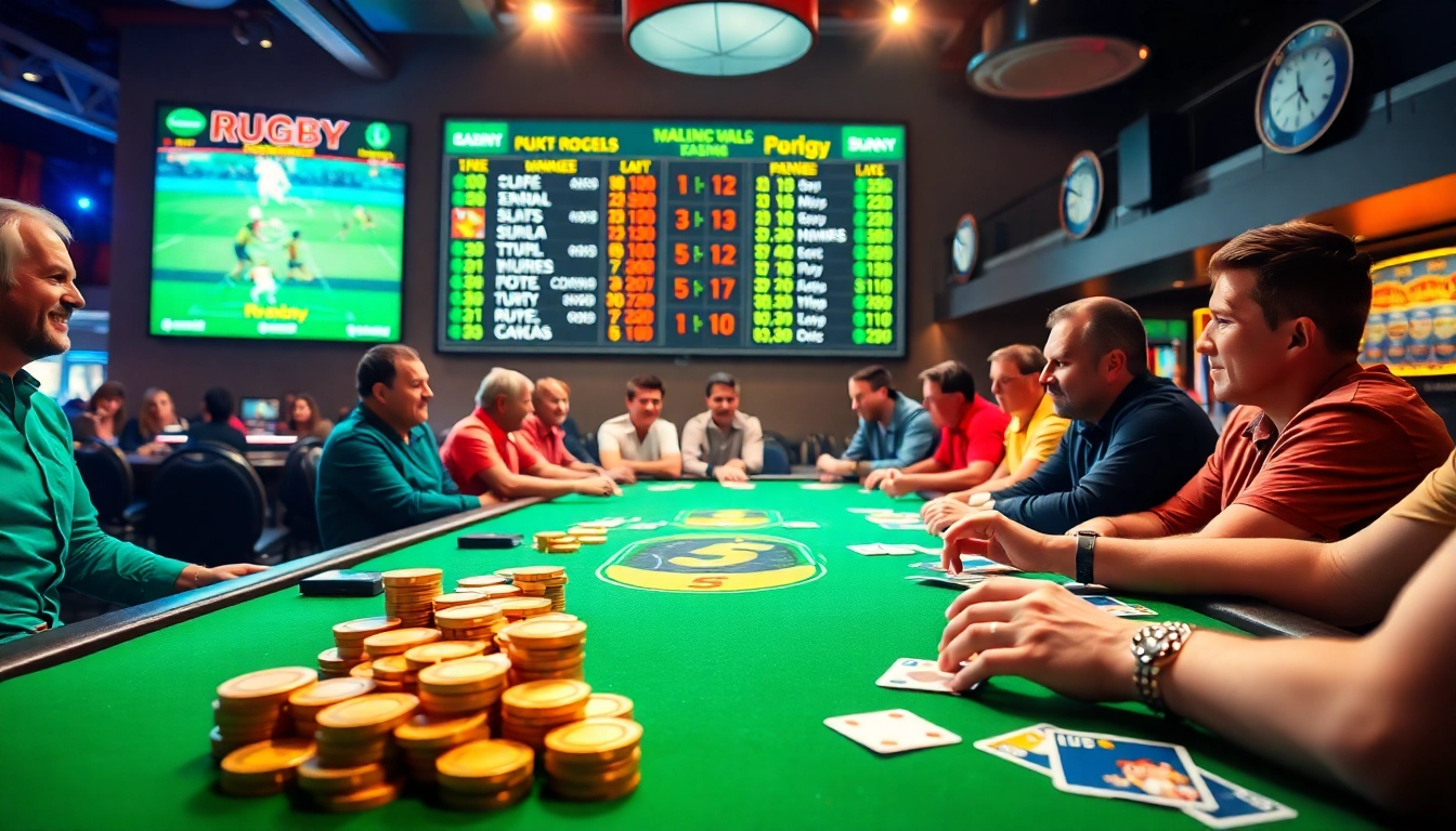 Miser sur paris sportif rugby lors d'une partie de casino avec des jetons colorés.