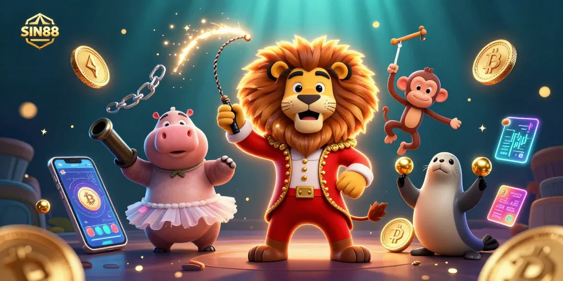 SIN88 showcases a vibrant casino scene with animated characters and crypto elements, creating an engaging gambling atmosphere.