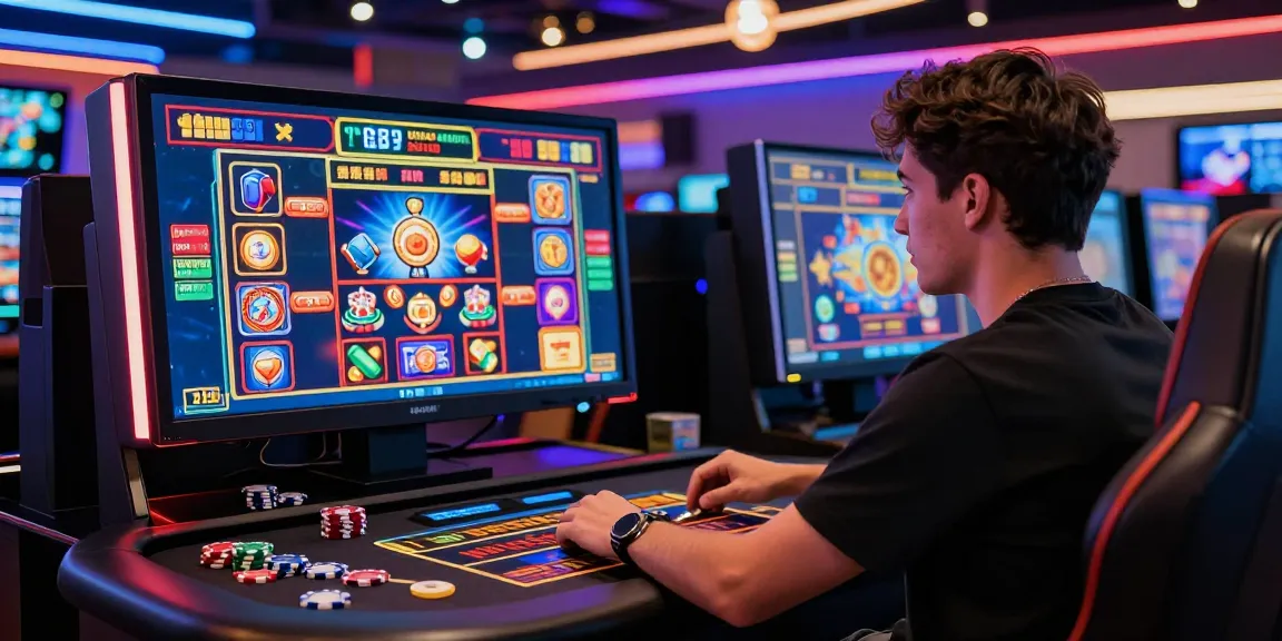 Joueur engagé dans un jeu de casino en ligne, ambiance colorée et immersive autour des machines à sous.
