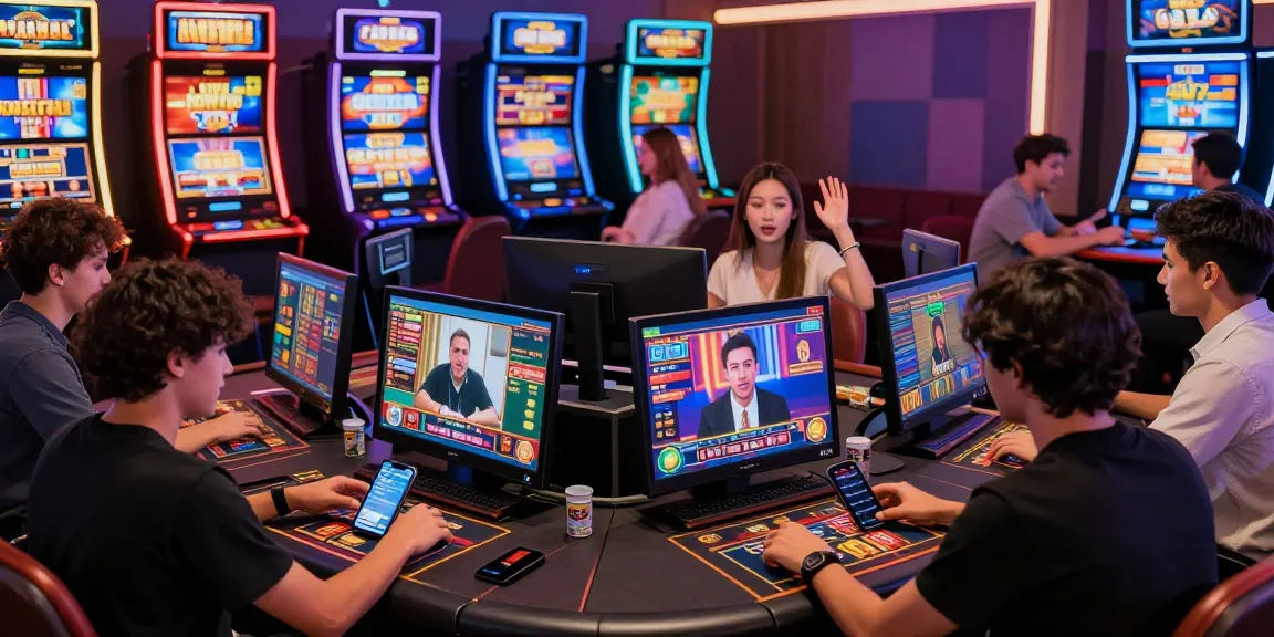 Scène dynamique de joueurs sur le meilleur casino en ligne, montrant des jeux variés et une ambiance festive.