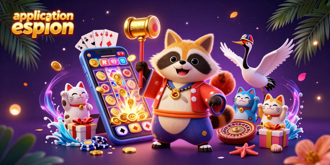 Application espion et jeux de casino : tanuki joyeux et chats porte-bonheur entourés d'une explosion de jeux.