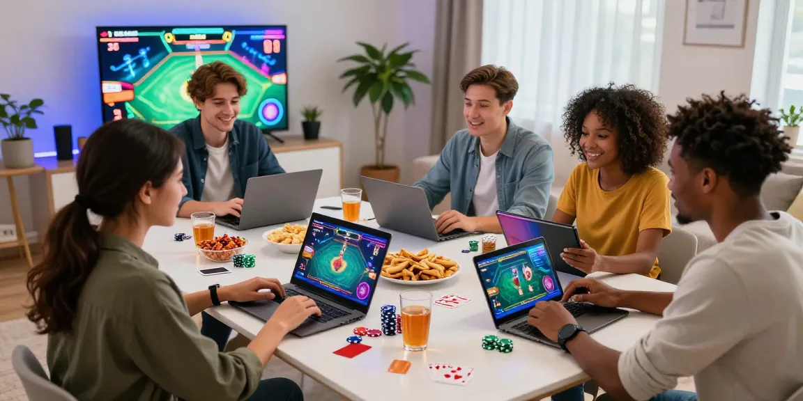 Scène de casino en ligne avec des amis jouant et partageant des moments de convivialité.