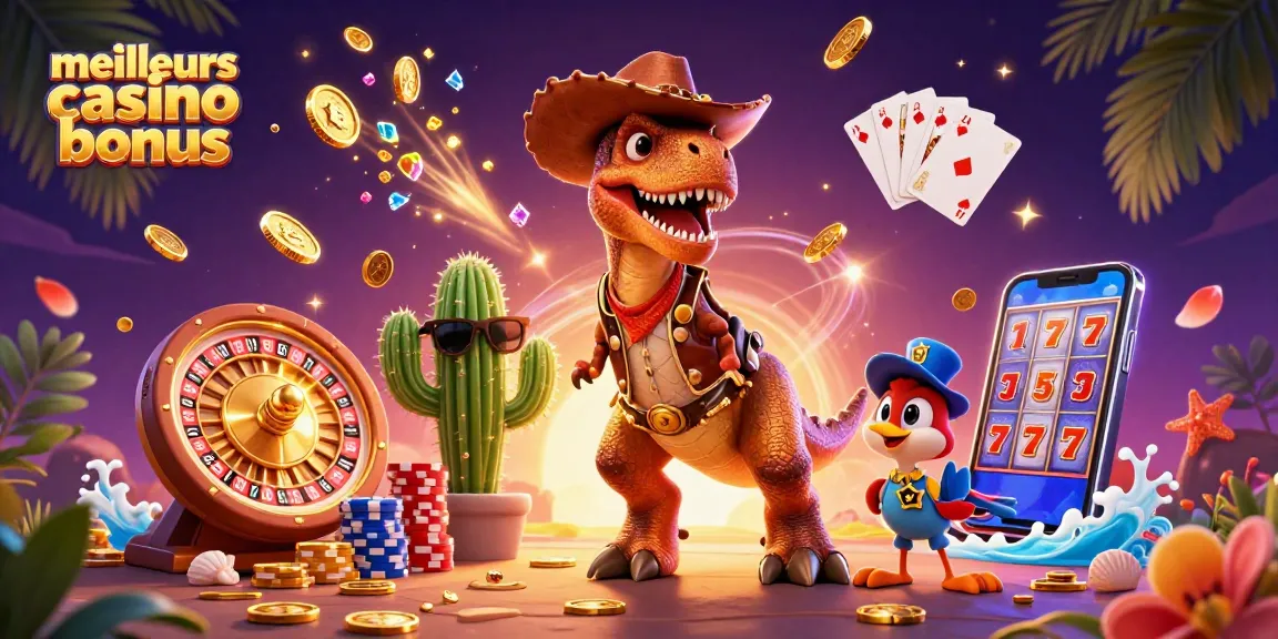 Découvrez les meilleurs casino bonus en 2026 avec une scène ludique et dynamique de jeux, pièces dorées et roulettes.